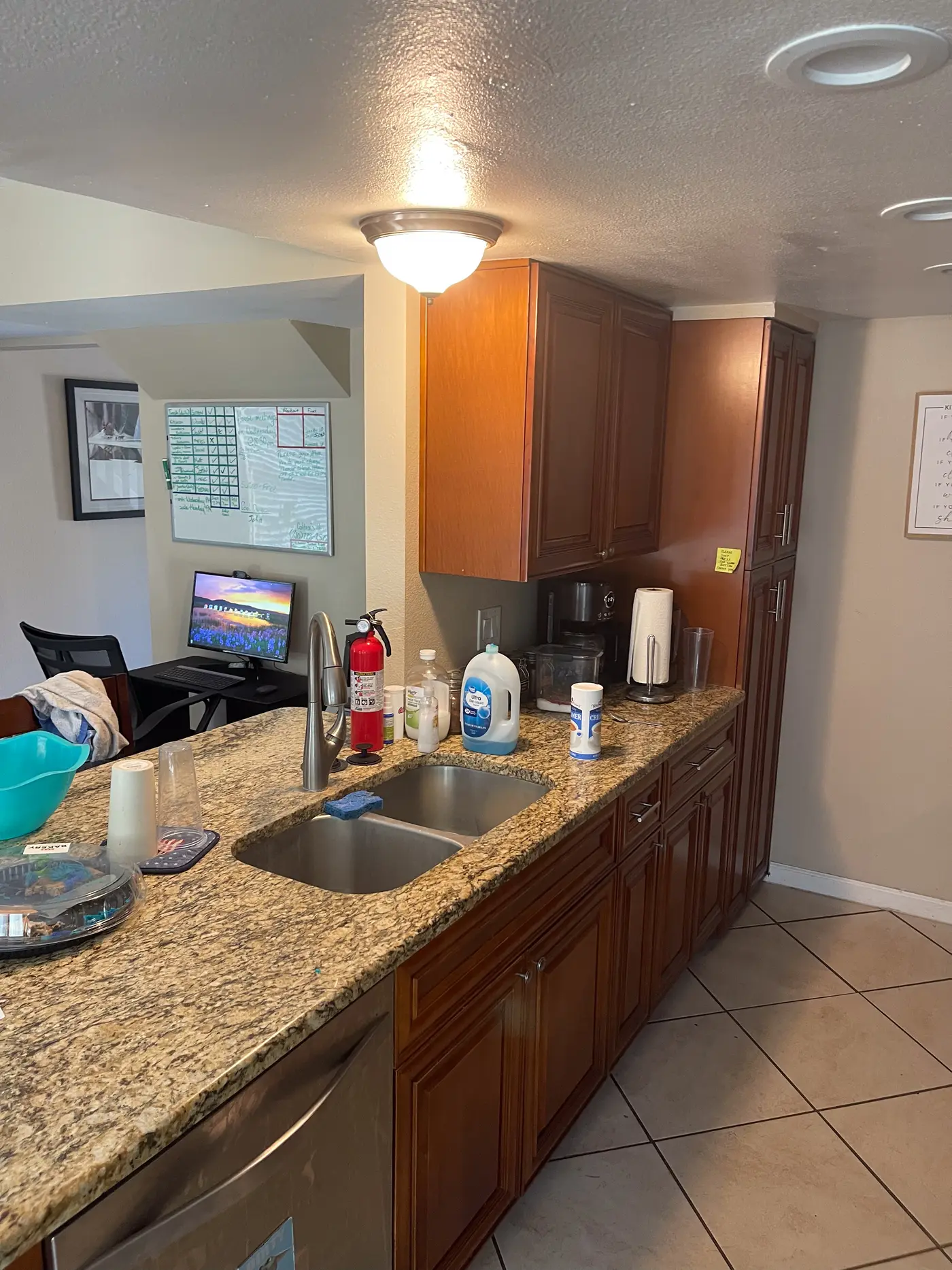 Kitchen counter and double sink under granite worktops.
