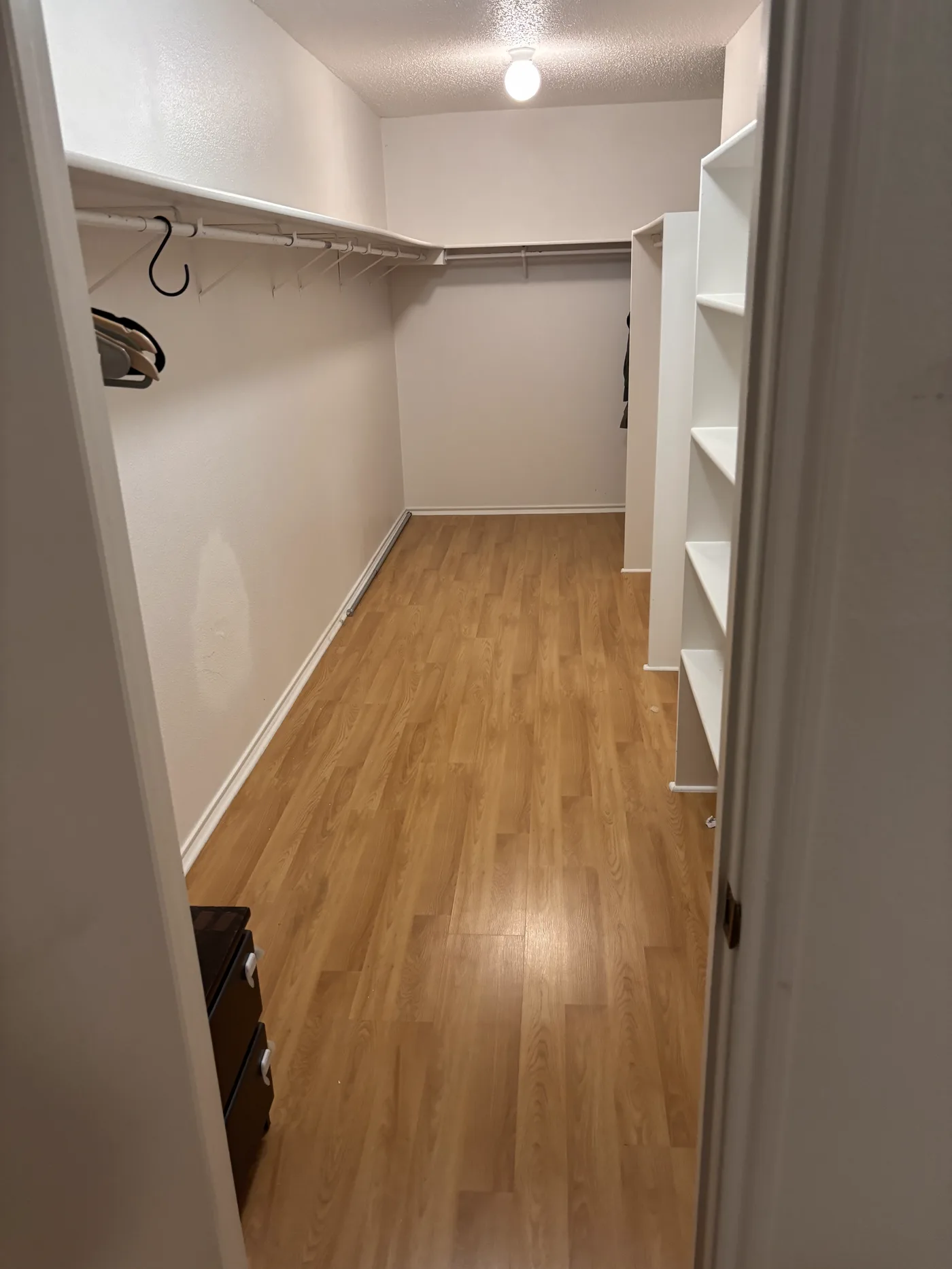 Walk-in closet with hanging rails along two walls and open shelving.