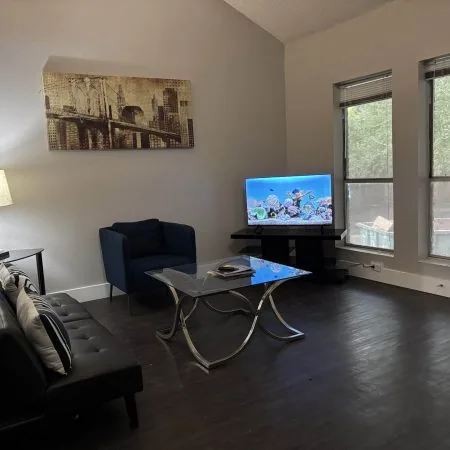 Modern living room inside two-bedroom men’s sober apartment in Austin with natural light and comfortable seating